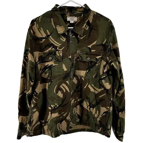 Wallace & Barnes J.Crew Shirt Jacket Camouflage Cotton Canvas Zip Up Green Large